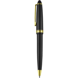 A black plastic pen with gold accents and a clip, featuring a sleek design and a smooth finish.