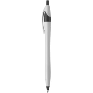 A plastic pen in white with a black tip and black accents, featuring a clip and a simple design.