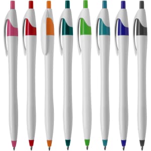 A collection of white plastic pens in various colours, including pink, red, orange, green, blue, and black, with logos.