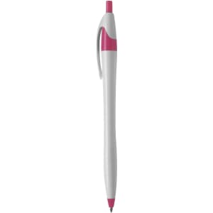 A plastic pen featuring a white body and pink accents, with a clip and visible branding.