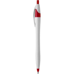 A plastic pen featuring a white body with red accents and a clip. It has a smooth tip for writing.