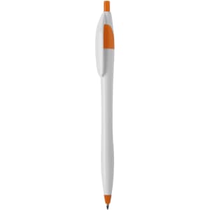 A plastic pen in white with orange accents, featuring a clip and a branding logo.