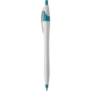 A plastic pen in white and teal, featuring a smooth design and a clip. It has a branding logo on the barrel.