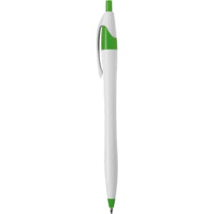 A plastic pen in white with green accents, featuring a clip and a branded logo.
