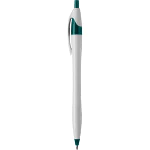 A plastic pen in white with a teal accent, featuring a clip and a logo.