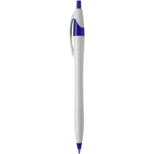 A plastic pen in white with blue accents. It features a clickable top and a branding logo.