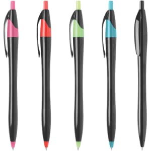 A collection of five plastic pens in black with various brightly coloured accents: pink, red, green, blue, and one entirely black.