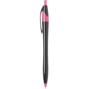 A plastic pen featuring a black barrel and pink accents, with a clip and a rounded tip.