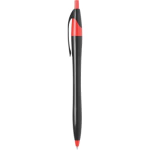 A plastic pen in black and red, featuring a sleek design and a clip for easy attachment. Includes a logo.
