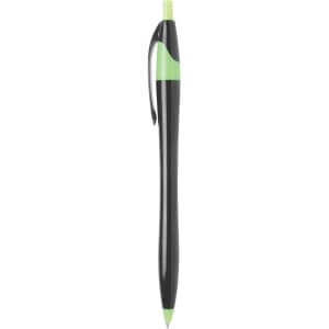 A black plastic pen with a green clip and tip, featuring a branding logo.
