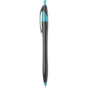 A plastic pen in black with a turquoise accent, featuring a clip and a smooth barrel design.