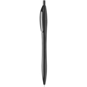 A plastic pen in black with a smooth design and a visible clip, featuring a logo on the barrel.
