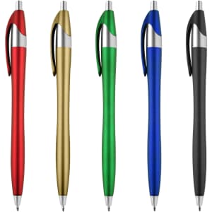 A collection of five plastic pens in red, gold, green, blue, and black, featuring silver accents and a logo.