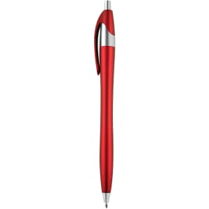 A red metallic pen with silver accents and a clip. The pen has a sleek, smooth design and a logo.