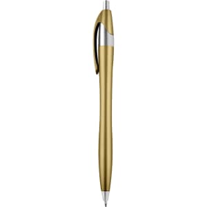 A metallic gold plastic pen with a silver clip and chrome accents, featuring a branding logo.