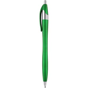 A green metallic pen with a silver clip and accent, featuring a sleek design. It has a branded logo.