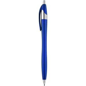 A blue plastic pen with a sleek design and a silver clip. It features a logo on its surface.
