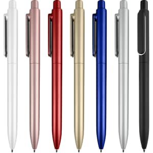 A collection of plastic pens in white, rose gold, red, gold, blue, silver, and black, featuring a logo on each.
