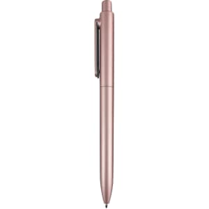 A plastic pen in rose gold, featuring a sleek design and a clip for easy attaching. It has a logo on the barrel.
