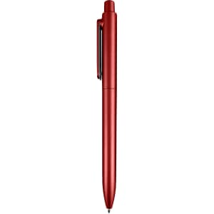 A red plastic pen featuring a sleek design and a clip, with a visible branding logo.