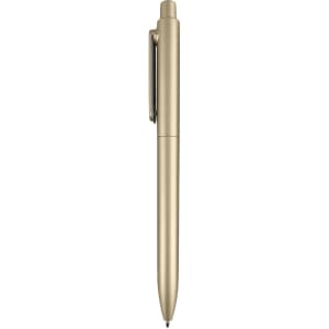 A plastic pen in a sleek gold finish, featuring a clip and a smooth writing tip. The pen includes a logo.