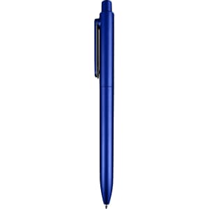 A blue plastic pen with a clip and a smooth barrel, featuring a logo on its surface.