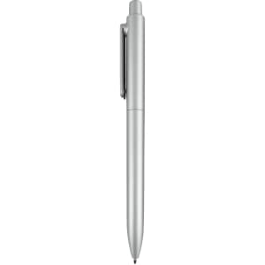A silver plastic pen with a sleek design and a clip for easy attachment, featuring a branded logo.