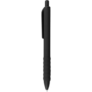 A black plastic pen with a textured grip and a clip on the side. The pen features a simple design.
