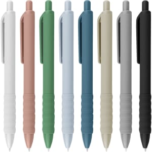 A collection of plastic pens in various colours: white, pink, green, light blue, dark blue, beige, grey, and black. Each pen features a grip and clip.