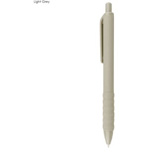 A plastic pen in light grey, featuring a textured grip and a clip, with branding on the barrel.