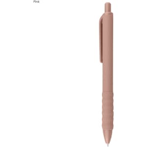 A pink plastic pen with a textured grip and a clip. The design is simple and sleek, featuring a logo.