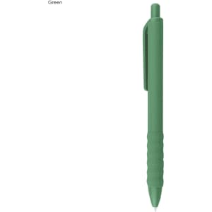 A green plastic pen with a textured grip and a clip for easy attachment. It features a branding logo.