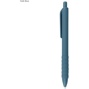 A dark blue plastic pen with a ribbed grip and a clip, featuring a branding logo.