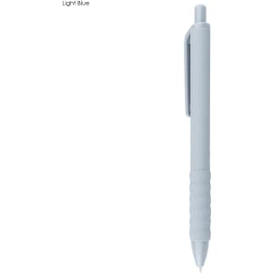 A light blue plastic pen with a grip and a clip, featuring a logo.