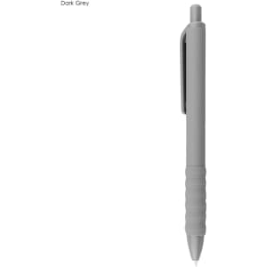 A dark grey plastic pen featuring a grip section and a clip. The pen has a minimalist design.