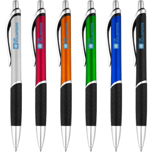 A collection of six plastic pens in silver, red, orange, green, blue, and black, each featuring a textured grip and a logo.