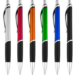 A collection of six plastic pens in silver, red, orange, green, blue, and black, featuring rubber grips and metal accents.