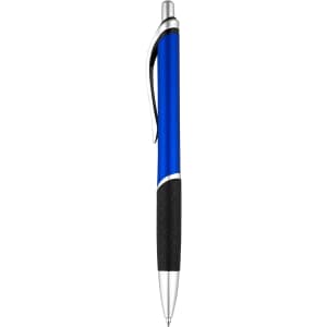 A plastic pen with a blue barrel, silver accents, and a textured black grip, featuring a clip and a logo.
