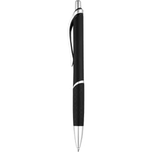 A black plastic pen with silver accents and a textured grip, featuring a clip and a logo.
