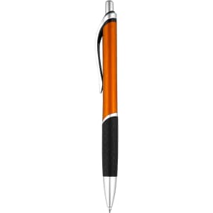 An orange and black plastic pen with a silver clip and tip, featuring a textured grip and branding.