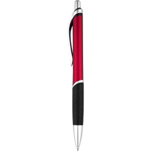 A red and black plastic pen with a sleek design and silver accents, featuring a clip and textured grip.