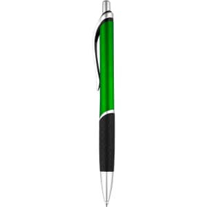 A plastic pen featuring a green barrel, silver accents, and a textured black grip. It includes a logo.