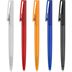 A collection of plastic pens in silver, red, orange, blue, and black, each featuring a clip and a logo.