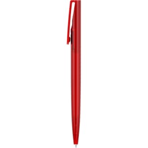 A red plastic pen with a clip and a streamlined design, featuring a small logo on the barrel.