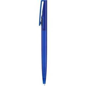 A blue plastic pen with a clip and a clear barrel. The pen features a branding logo on its surface.