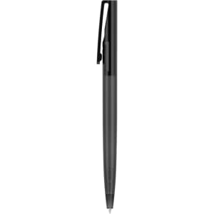 A plastic pen in black with a smooth body and a clip design, featuring a branded logo.