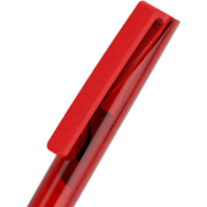 A red plastic pen with a clip and a smooth finish, featuring branding on the body.
