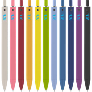A collection of plastic pens in various colours, including white, pink, yellow, blue, green, red, and purple, with branding.
