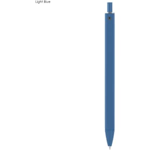 A light blue plastic pen with a minimalistic design and a branding logo on the barrel.
