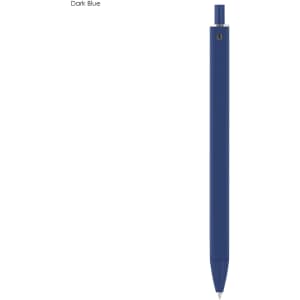 A dark blue plastic pen featuring a sleek design and a branding logo.